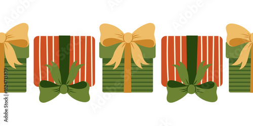Christmas gift seamless border with festive striped and green present boxes tied with golden and green bows, repeating in a horizontal line for holiday cards, packaging, invitations