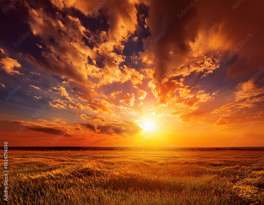 Fototapeta premium orange sky featuring the sun and clouds in hot summer weather