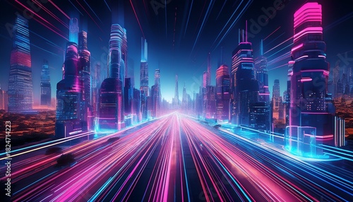 a sprawling futuristic city at night with blue and pink light streaks