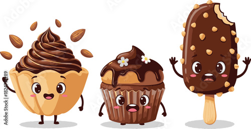 Cute cartoon dessert characters chocolate cupcake ice cream and almond tart vector illustration art