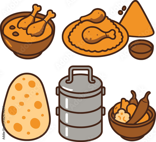 Traditional Indian Food Icons with Tiffin Box, Roti, Chicken and Snacks