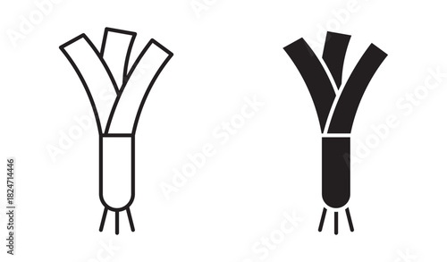 Green onion or leek icon set in outline and silhouette style, representing fresh vegetables, fiber-rich food, and healthy ingredients, vector illustration.