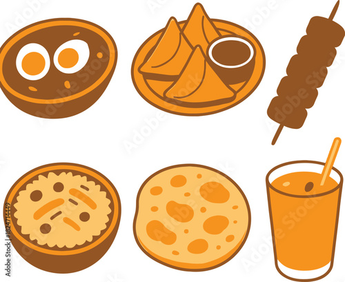 Indian Snacks Icons Set with Samosa, Sweets, Tea and Street Foods