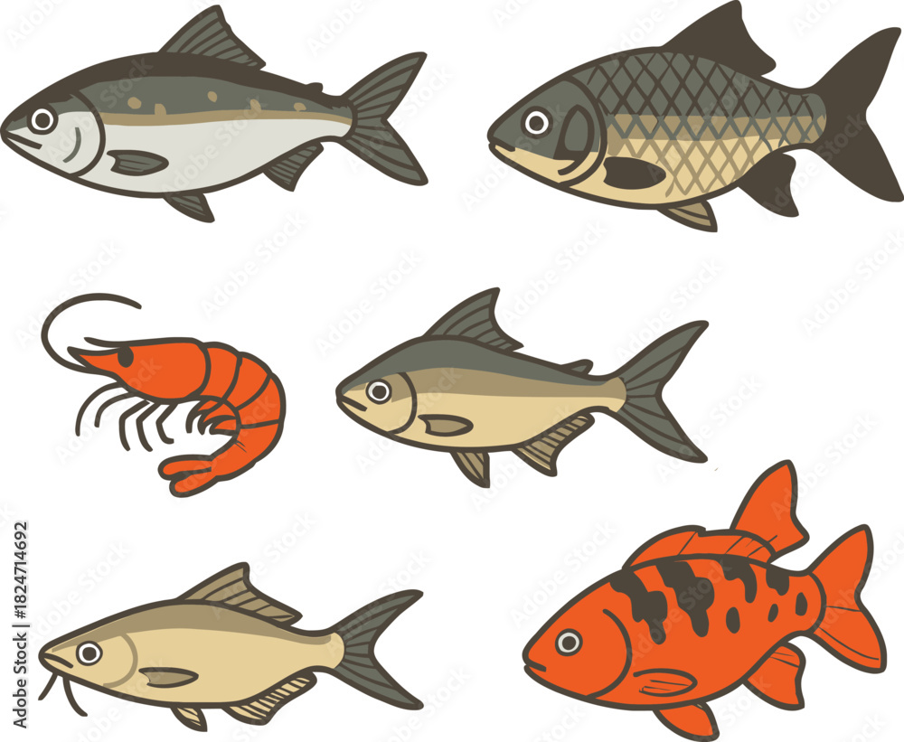 Fototapeta premium Fresh Seafood Icons Set with Fish, Prawns and Ocean Elements