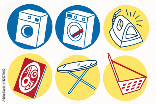 Laundry Icons Including Washing Machine Iron Laundry Basket and Water Symbol vector