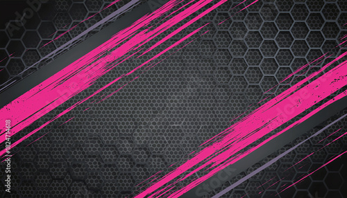 Abstract dark grey background with hexagonal pattern and vibrant pink grunge brush strokes