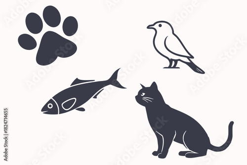 Black Silhouette Icons of Cat, Paw Print, and Fish on Gray animal
