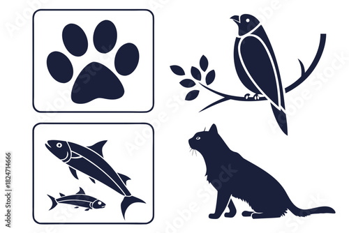 Dark Blue Silhouette Icons of Cat Paw Fish Bird and Walking Cat paw print fish silhouette