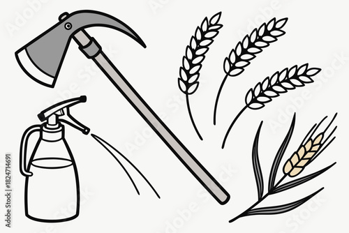 Green Outline Icons of Sprayer Hoe and Wheat Stalks garden sprayer agriculture icons