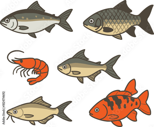 Fresh Seafood Icons Set with Fish, Prawns and Ocean Elements