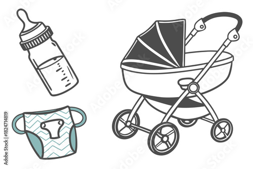 Baby Care Icons Including Bottle Stroller And Carrier On White Background baby bottle