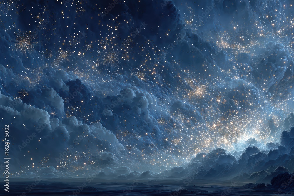 Obraz premium Dreamlike night sky with glowing clouds and sparkling stars across a vast horizon
