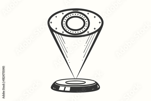 An extraterrestrial UFO is depicted with a beam of light on a white background