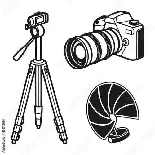 Doodle Style Camera Lens Tripod and Aperture Icons on White Keywords: camera, photography, lens