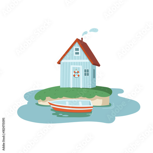 Vector hand-drawn illustration of a hut with a boat on the water. A fishing shack on an island in the sea.