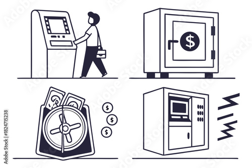 ATM Safe Bank Coin Piggy Bank and Paid Sign Safe Icons Keywords: ATM, automated teller machine