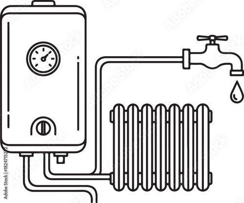 Line Art Illustration of a Water Heater, Radiator, and Dripping Faucet