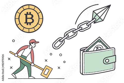 Bitcoin Mining Wallet Chain and Person with Shovel Illustration cryptocurrency