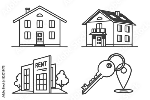 House for rent key and location pin real estate icons home building