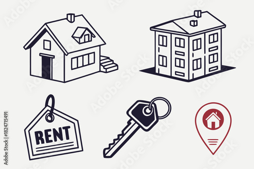 House for rent key and location pin real estate icons home building