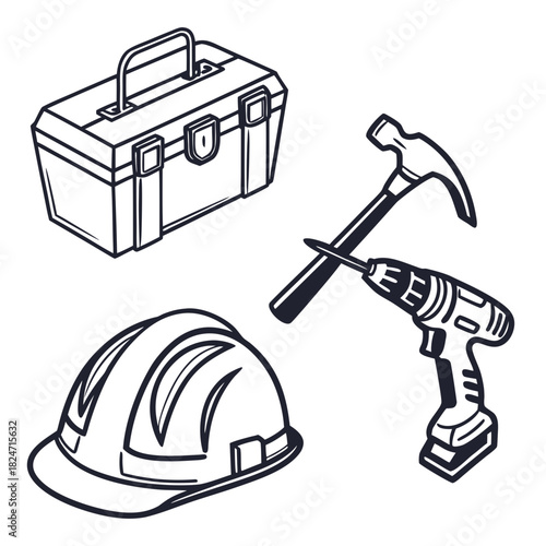 Black and White Isometric Construction Tools and Hard Hat hammer drill