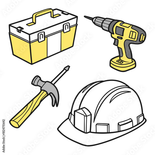 Construction Tools and Safety Gear Yellow and Black Illustration hard hat hammer