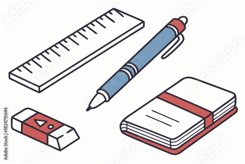 Isometric Stationery Set Ruler Pen Eraser and Notebook on White vector illustration