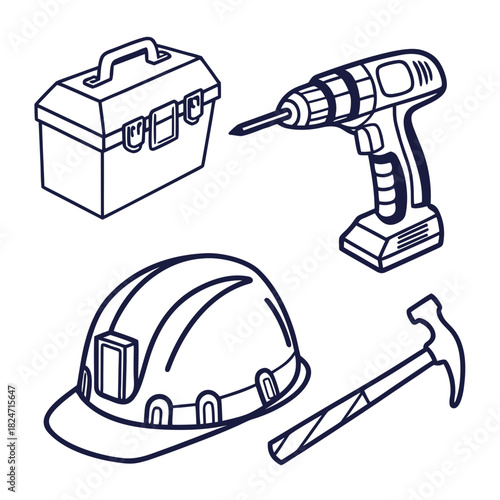 Construction Tools Set Outline Drawing Isolated On White Background Keywords: construction, tools