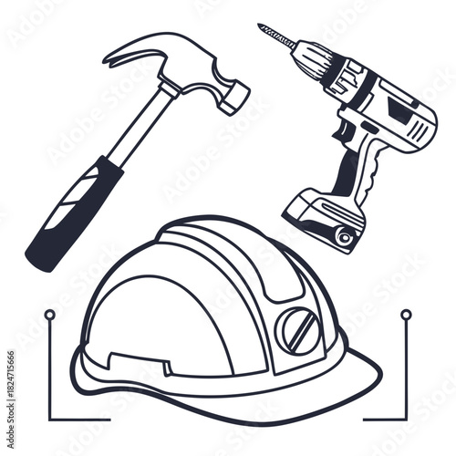 Black and White Outline Illustration of Construction Tools and Helmet hammer drill