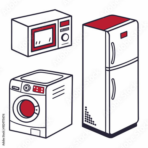 Home Appliances Set Outline Drawing With Red Accents On White Background Keywords: home, appliances