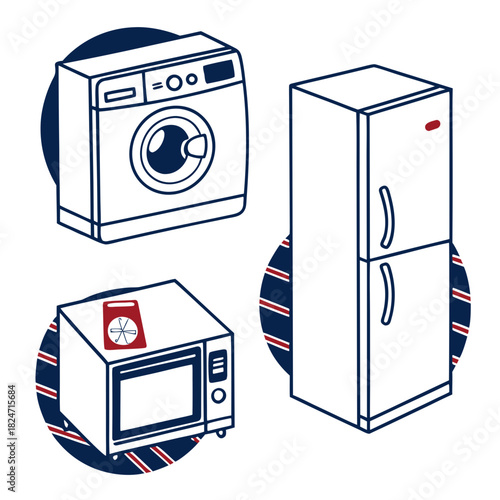 Household Appliances Icons Blue And Red Outline Drawing On White Background Keywords: household