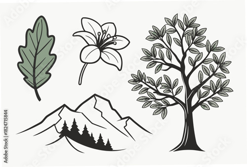 Stylized Nature Elements Including Tree Flower Leaf and Mountains Keywords: nature, tree, flower, leaf