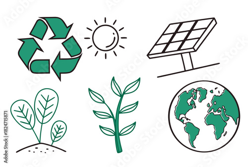 Environmental icons with recycling symbol solar panel and earth sprout plant