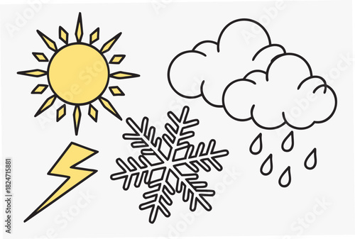 Weather icons including sun clouds lightning and snowflake rain