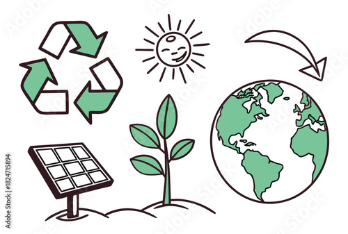 Eco friendly symbols including recycling plant sun and earth recycling symbol solar panel