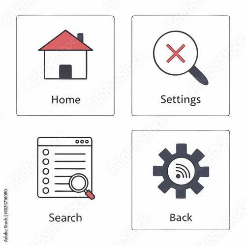 Four simple icons representing home, settings, search, and back functions house gear