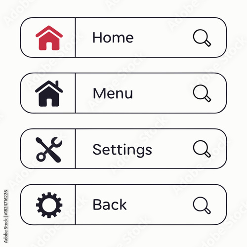 Set of modern UI search bar elements with icons and text labels Keywords: UI, search bar, interface