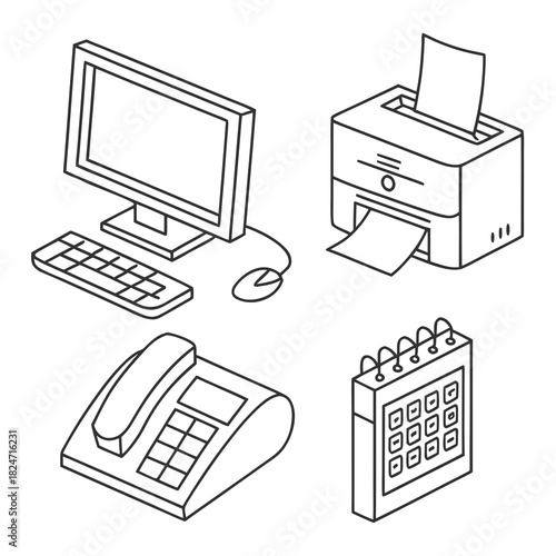 Isometric line art office equipment computer printer phone and calendar monitor keyboard