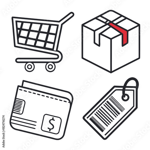 Shopping and Retail Icons Including Cart, Box, Wallet, and Tag commerce e-commerce