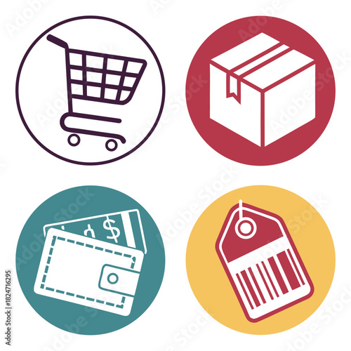 Four Circular Icons Representing Shopping and Finance Concepts shopping cart shopping basket