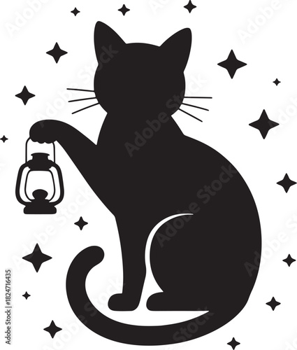 Black Cat Silhouette with Lantern and Stars holding