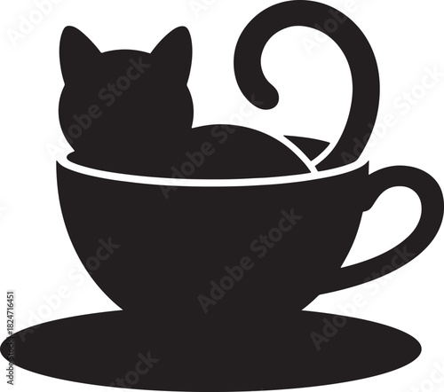 Black silhouette of a cat in a teacup on a saucer kitten