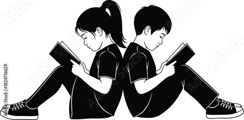 Two children reading books back-to-back, focused learning illustration, educational literacy concept, calm study moment, kids sitting and studying together peacefully