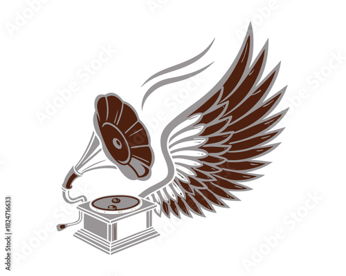An artistic illustration of an antique gramophone with a large, detailed wing extending from its horn, suggesting flight or freedom