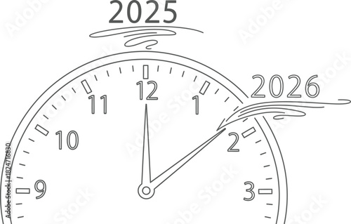 Clock face showing transition from year 2025 to 2026 in simple line drawing