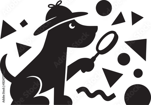 Funny cartoon illustration vector drawing of a cute pet dog with bone and a cat, black and white sketch art