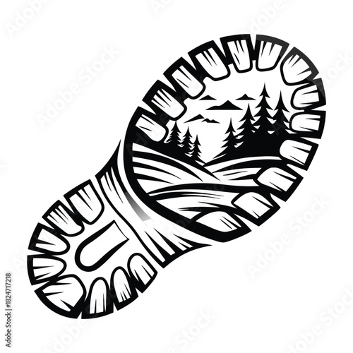 Black bootprint showcases a serene pine forest with a winding river silhouette