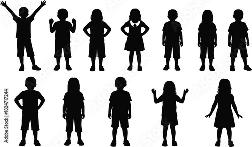 Silhouette set of standing children in various poses, boys and girls front view, neutral stances for design, animation, and creative projects