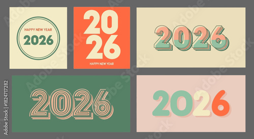 Vector illustration of illustration of collection of five different graphic designs featuring the year 2026 in various retro and modern typographic styles for new year celebration