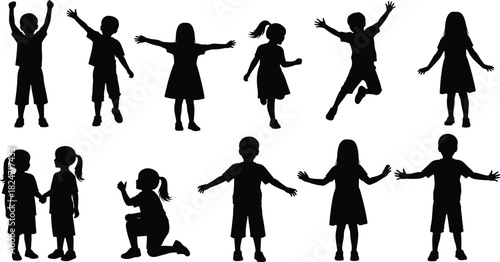 Silhouette collection of children jumping, dancing, posing, and playing, energetic kid movements, joyful childhood actions for design, animation, and creative projects